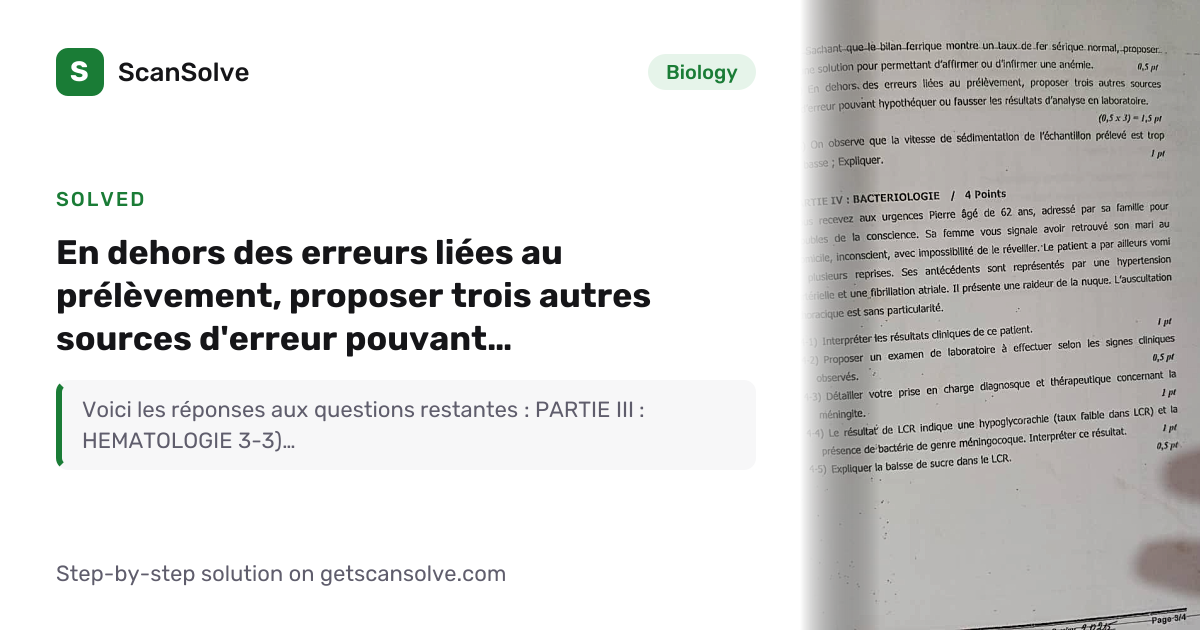 Solved: En dehors des erreurs liées au prélèvement… | ScanSolve