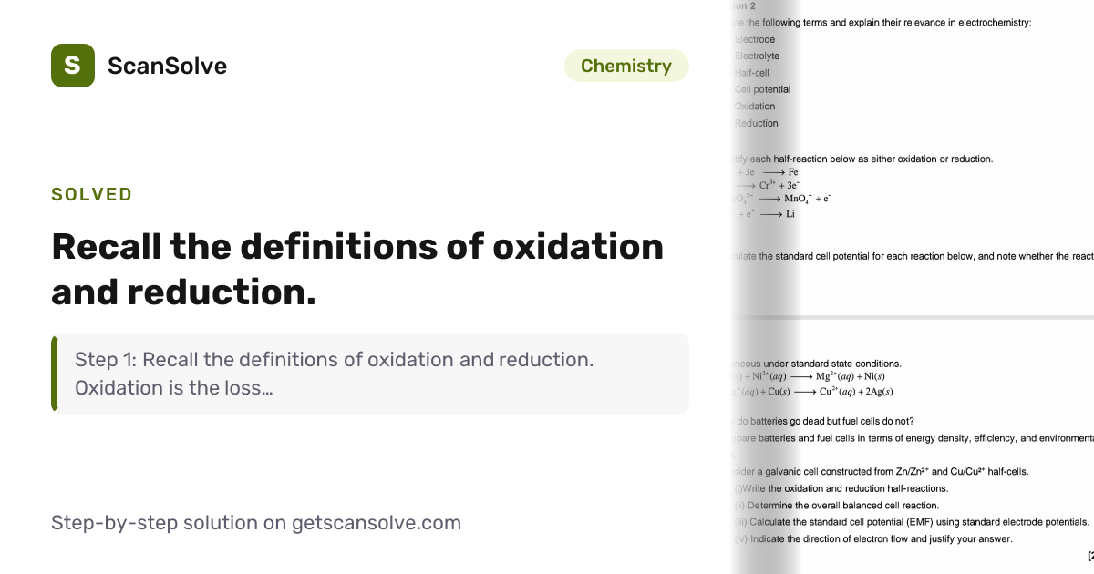 Solved: Recall the definitions of oxidatio… | Chemistry | ScanSolve