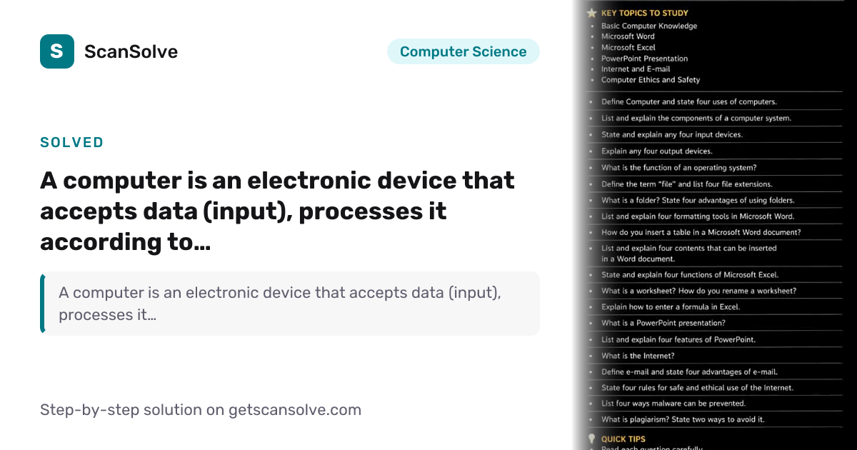 Solved: A computer is an electronic… | Computer Science | ScanSolve