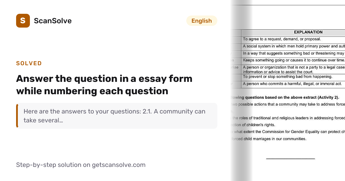 Solved: Answer the question in a essay form… | English | ScanSolve