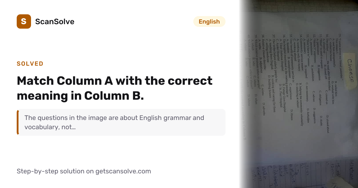 Solved: Match Column A with the correct mean… | English | ScanSolve
