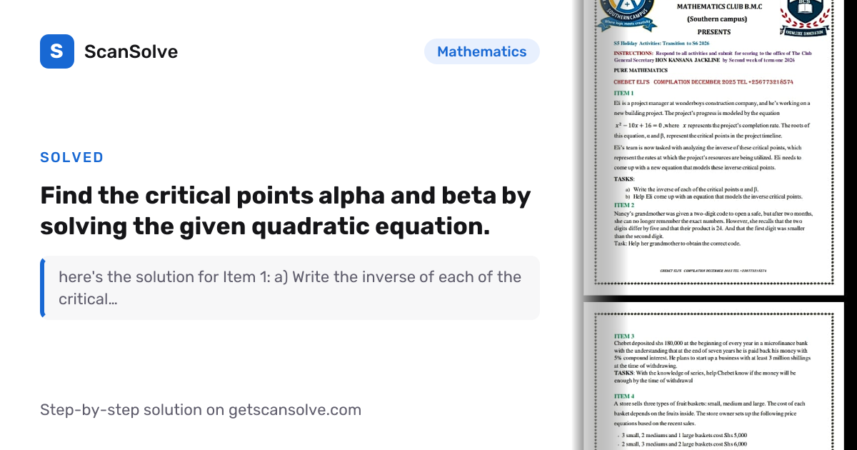 Solved: Find the critical points alpha a… | Mathematics | ScanSolve