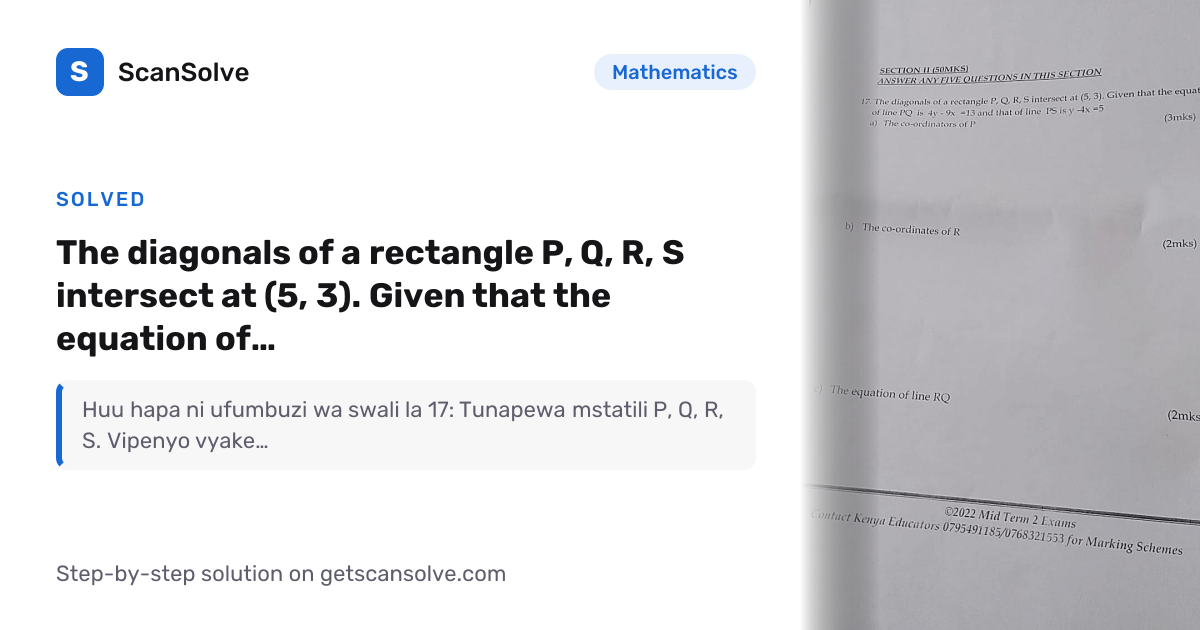 Solved: The diagonals of a rectangle P,… | Mathematics | ScanSolve
