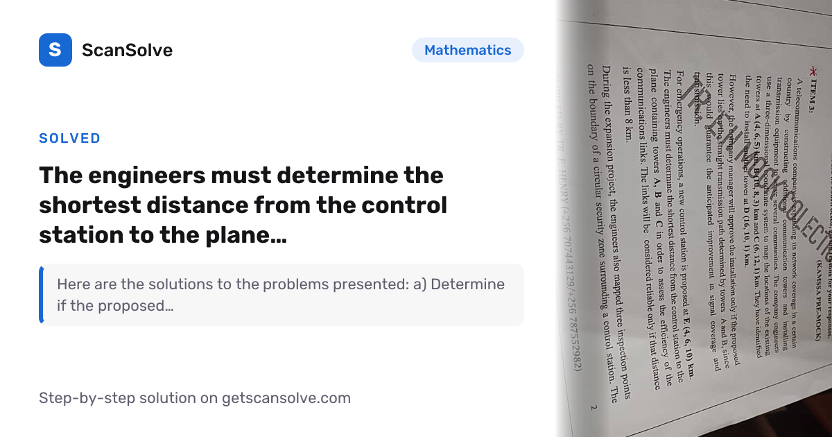Solved: The engineers must determine the shortest distance… | ScanSolve