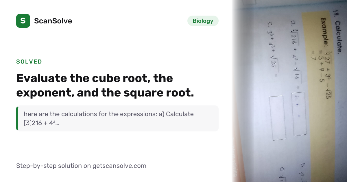 Biology: Evaluate the cube root, the exponent, and the square root ...