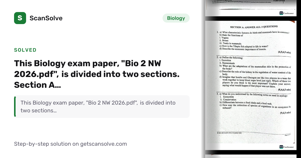 Solved: This Biology exam paper, 