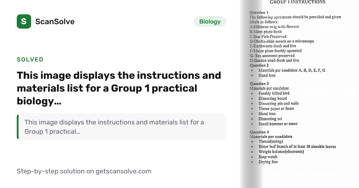 Biology: This image displays the instructions and materials list for a ...