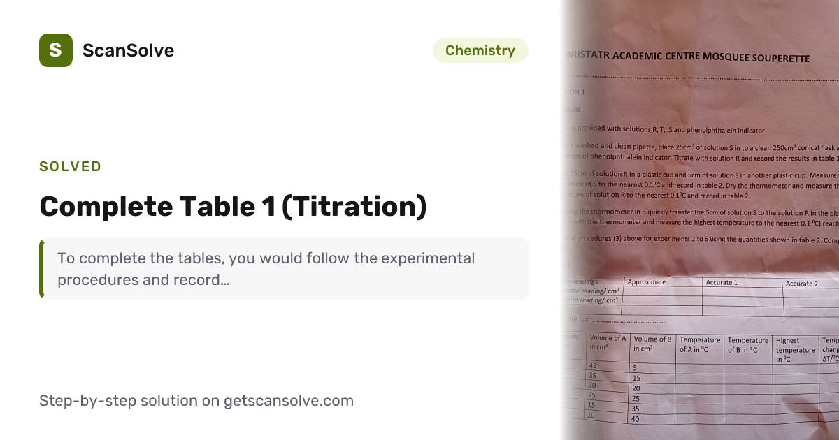 Solved: Complete Table 1 (Titration) | Chemistry | ScanSolve