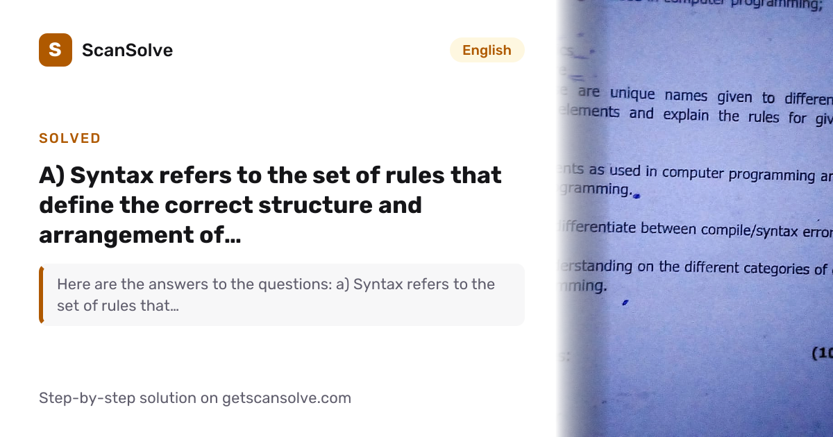 Solved: a) Syntax refers to the set of rules… | English | ScanSolve
