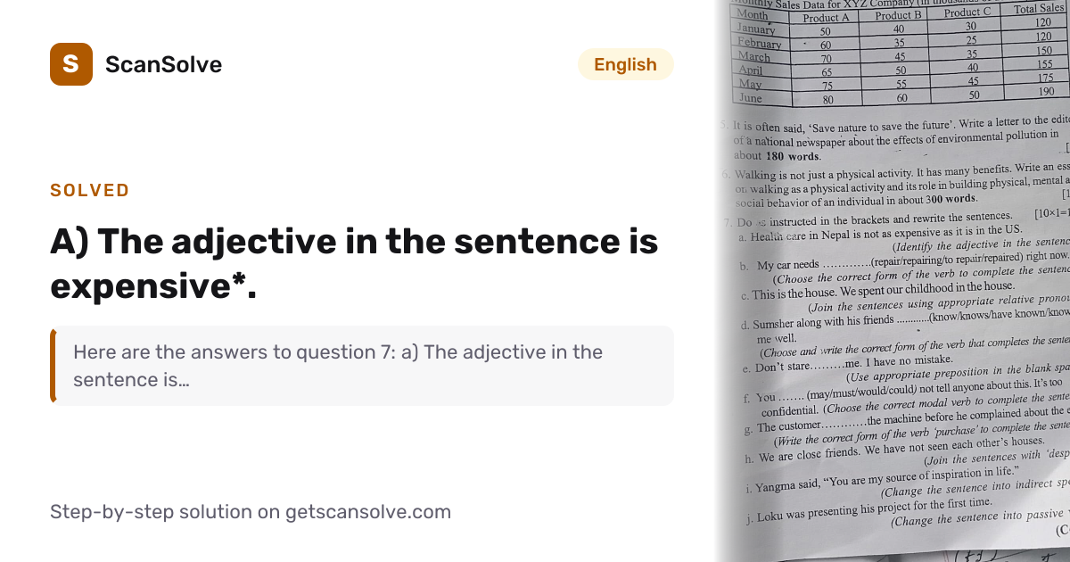 Solved: a) The adjective in the sentence is… | English | ScanSolve