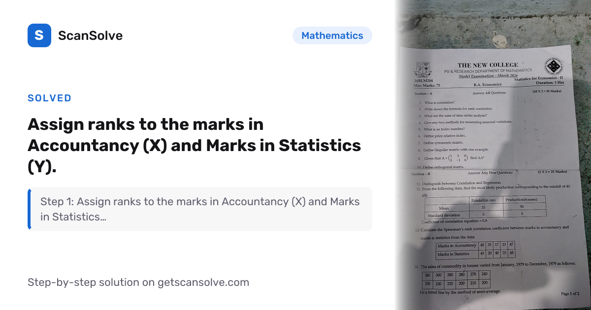 Solved: Assign ranks to the marks in Acc… | Mathematics | ScanSolve