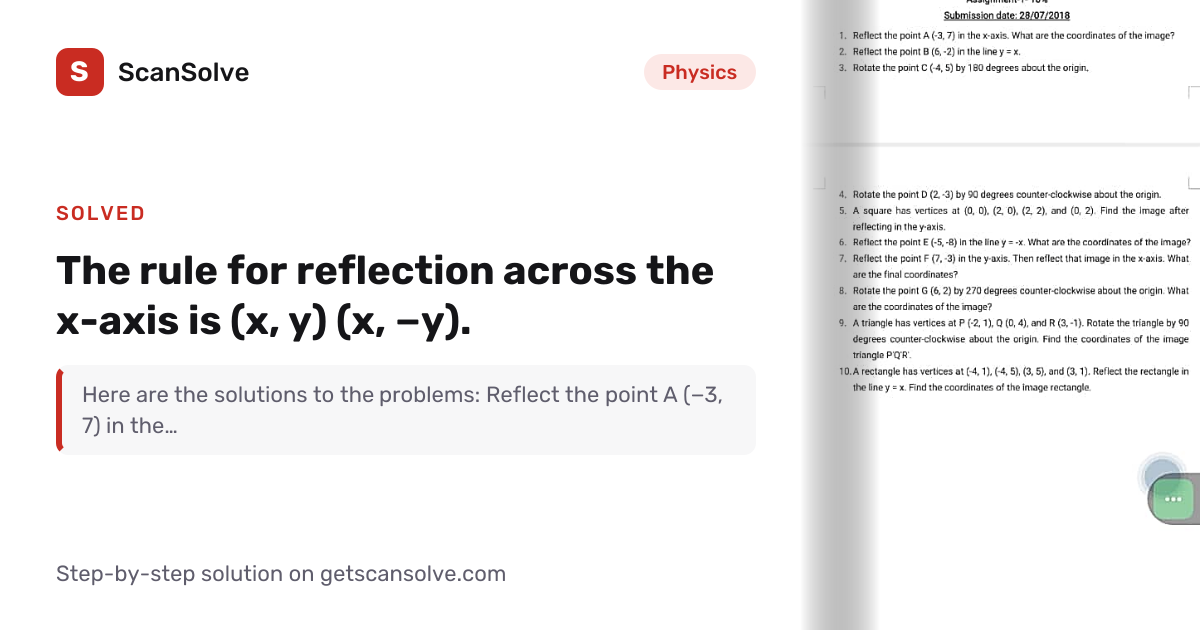 Solved: The rule for reflection across the x… | Physics | ScanSolve